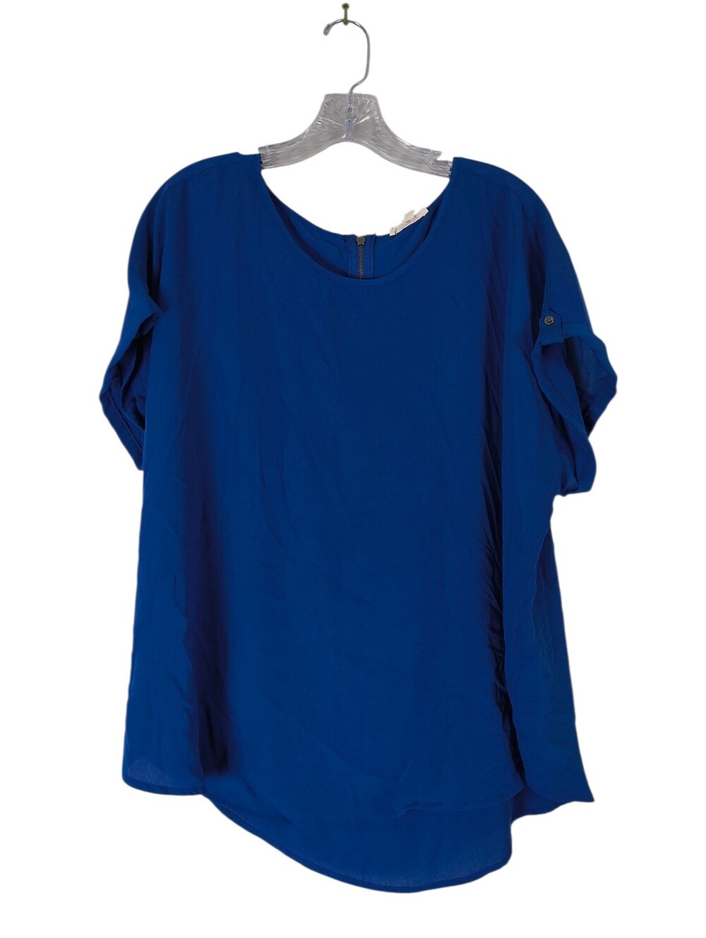 Maurices Delton Blouse Women’s XL Blue Solid Zipper Back Short Tab Sleeve Crew
